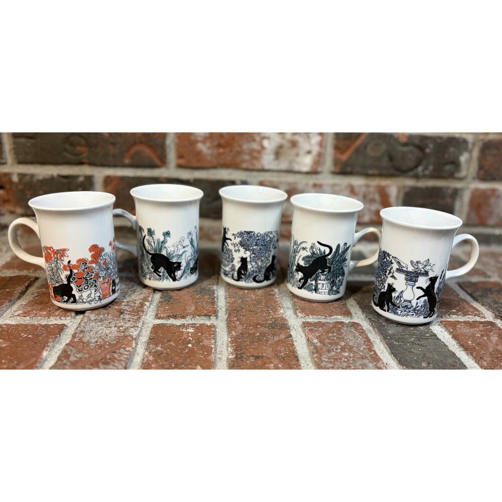 Vintage Churchill England Black Cat Garden Coffee Mugs Set of 5 Ceramic Cups
